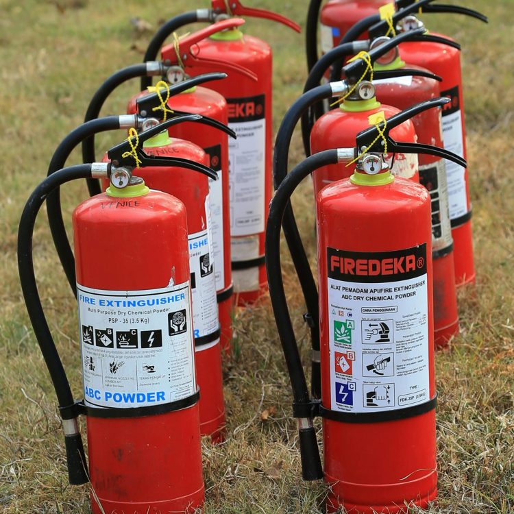 Multiple fire extinguishers lined up on grass, ready for emergency use, showcasing fire safety equipment.